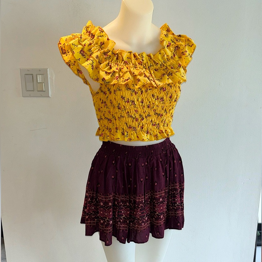 Bohemian Flower Child Ruffled Off-Shoulder Top and Skirt Set